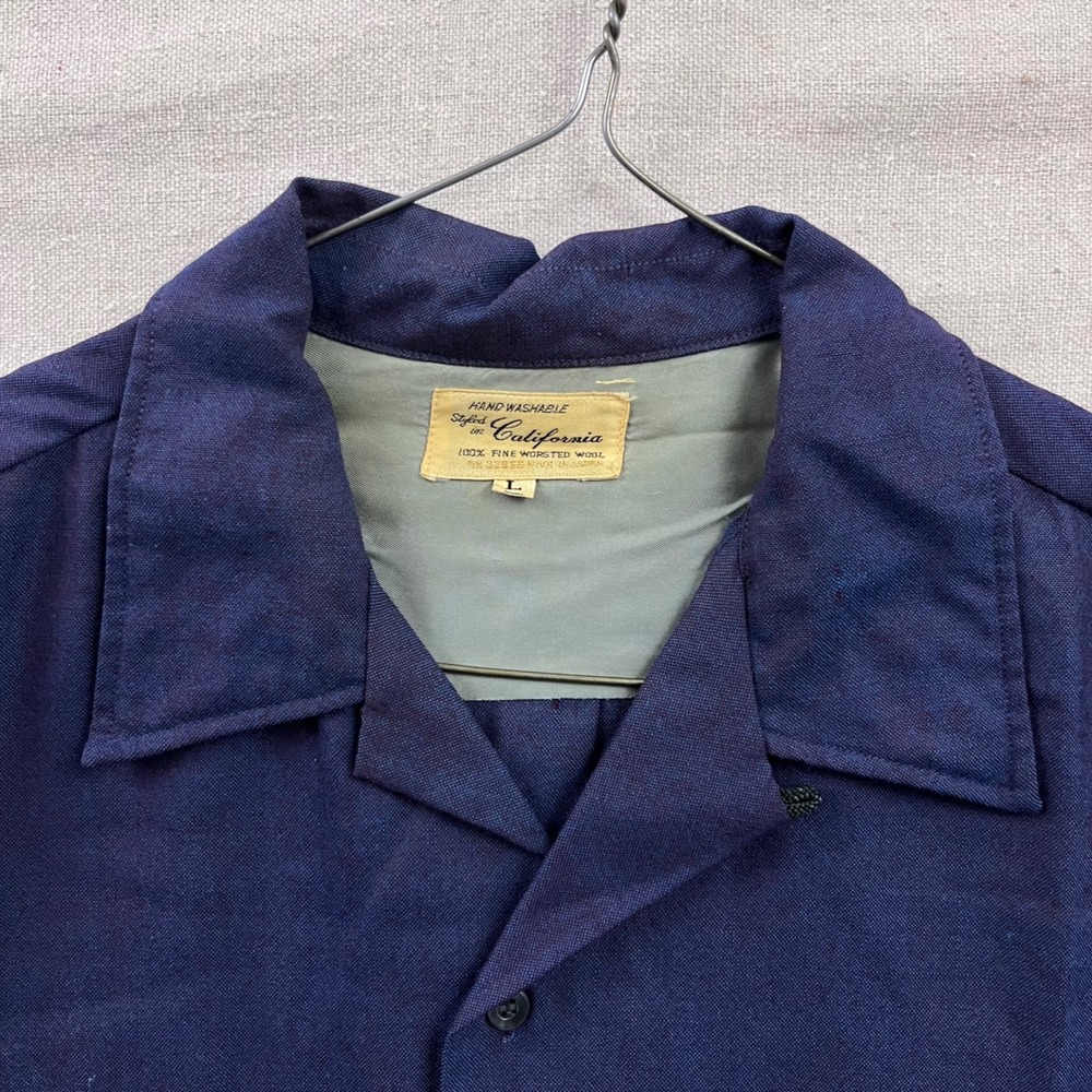 Vintage 60s Styled in California Navy Blue Worsted Wool Camp Collar Shirt Mens L